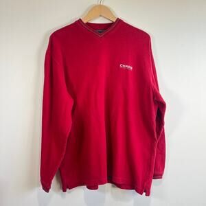 Chaps Ralph Lauren V-Neck Knit Sweater Cotton Pullover Red Gray Trim Size Large